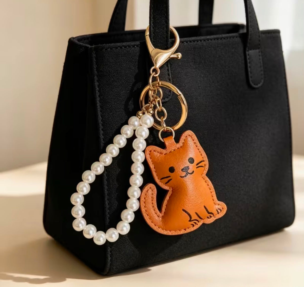 Cartoon Smiling Cat PU Leather Keychain/ Bag Charm