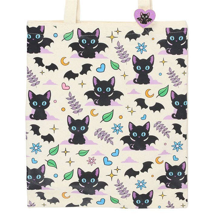 Cute and Creepy Black Cat Print Polycotton Tote Bag with Enamel Pin