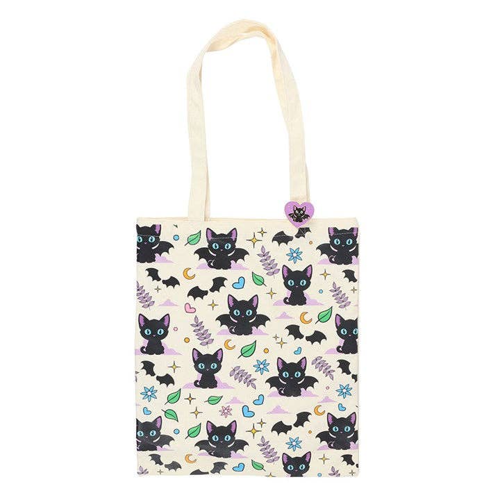 Cute and Creepy Black Cat Print Polycotton Tote Bag with Enamel Pin