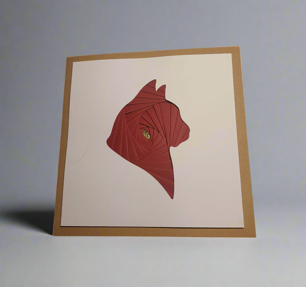 Greetings Card Handcrafted Iris Folded Deep Red Cat Outline