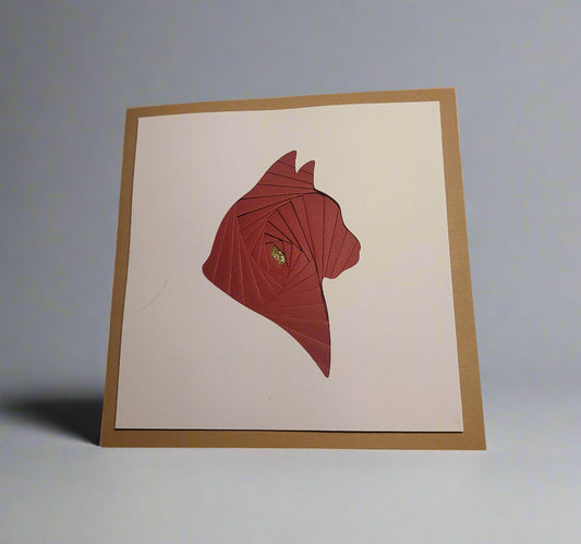 Greetings Card Handcrafted Iris Folded Deep Red Cat Outline