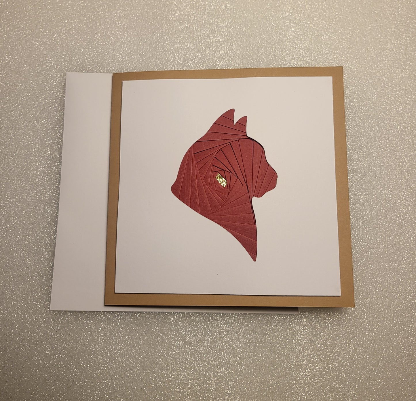 Greetings Card Handcrafted Iris Folded Deep Red Cat Outline