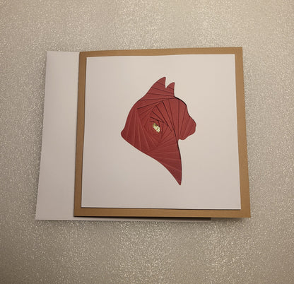 Greetings Card Handcrafted Iris Folded Deep Red Cat Outline