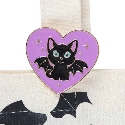 Cute and Creepy Black Cat Print Polycotton Tote Bag with Enamel Pin