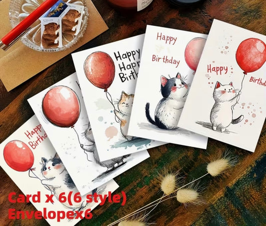 Cute 6 Pack Cat Birthday Cards/Envelopes