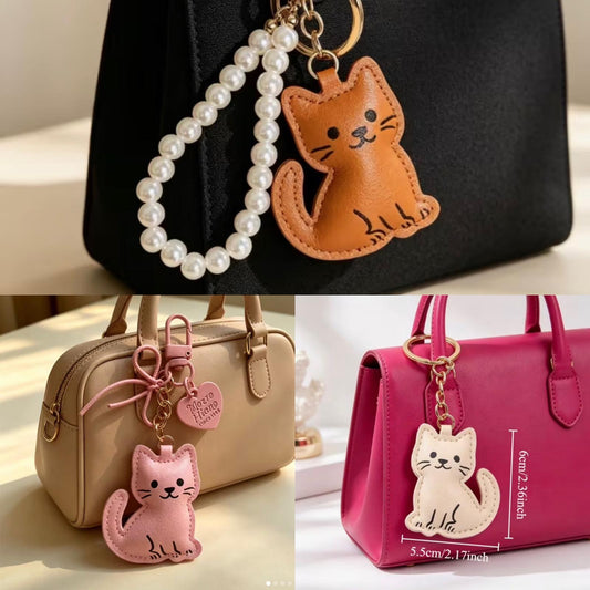 Cartoon Smiling Cat PU Leather Keychain/ Bag Charm