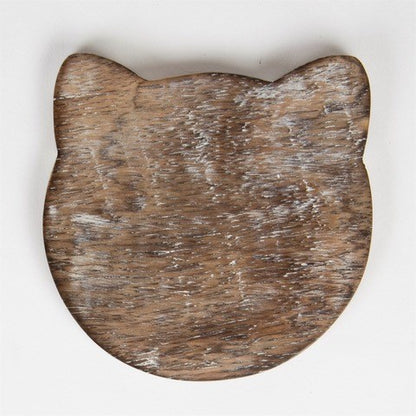 Wooden Brown Carved Cat Coaster - Set of 6