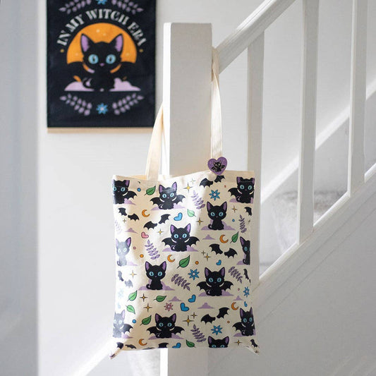 Cute and Creepy Black Cat Print Polycotton Tote Bag with Enamel Pin