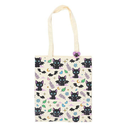 Cute and Creepy Black Cat Print Polycotton Tote Bag with Enamel Pin